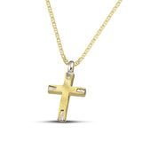 Σταυρός βάπτισης από χρυσό Κ14 σαγρέ για γυναίκα.  Φορεμένος σε «Θ» αλυσίδα.
