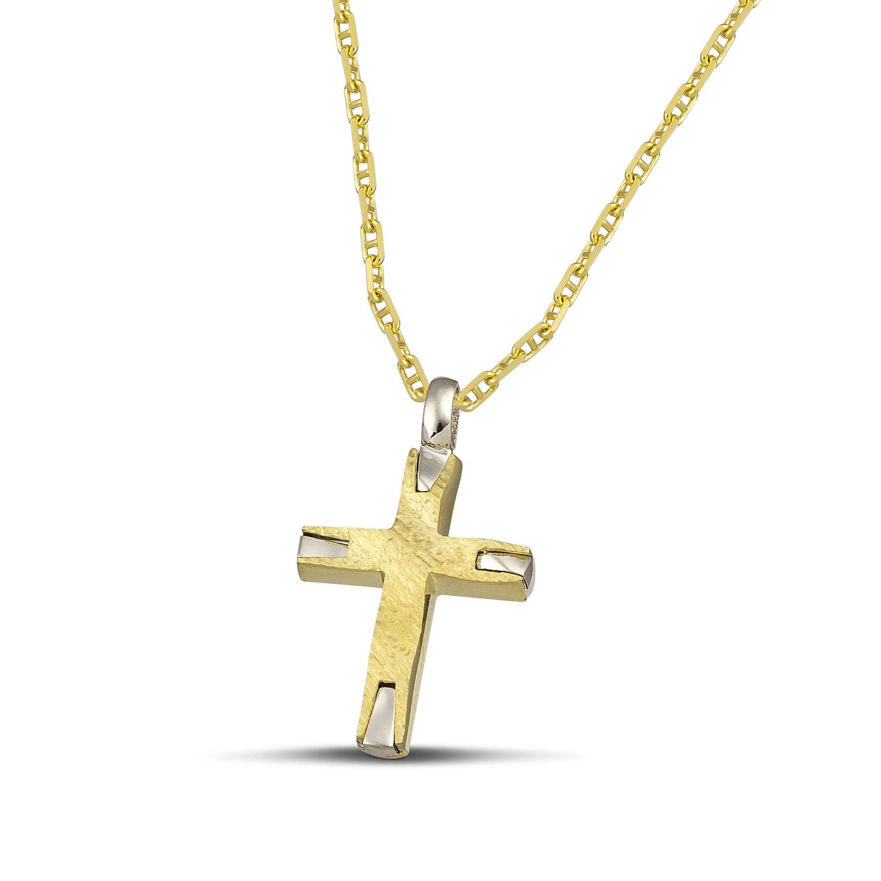 Σταυρός βάπτισης από χρυσό Κ14 σαγρέ για γυναίκα.  Φορεμένος σε «Θ» αλυσίδα.