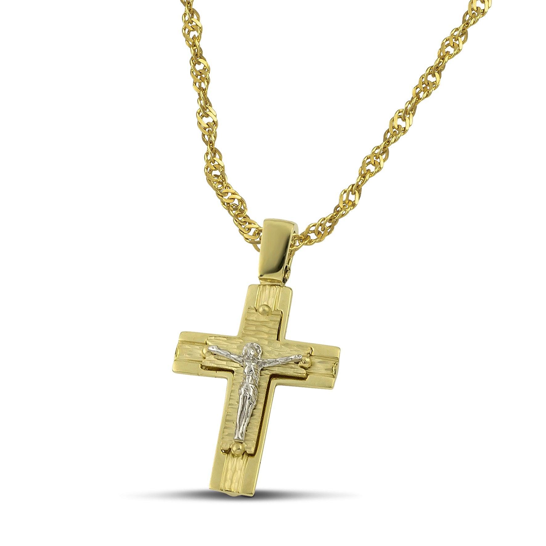 Ανδρικός βαπτιστικός σταυρός από χρυσό Κ14 διπλής όψης, φορεμένος σε χοντρή αλυσίδα.