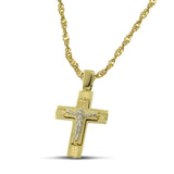Ανδρικός βαπτιστικός σταυρός από χρυσό Κ14 διπλής όψης, φορεμένος σε χοντρή αλυσίδα.
