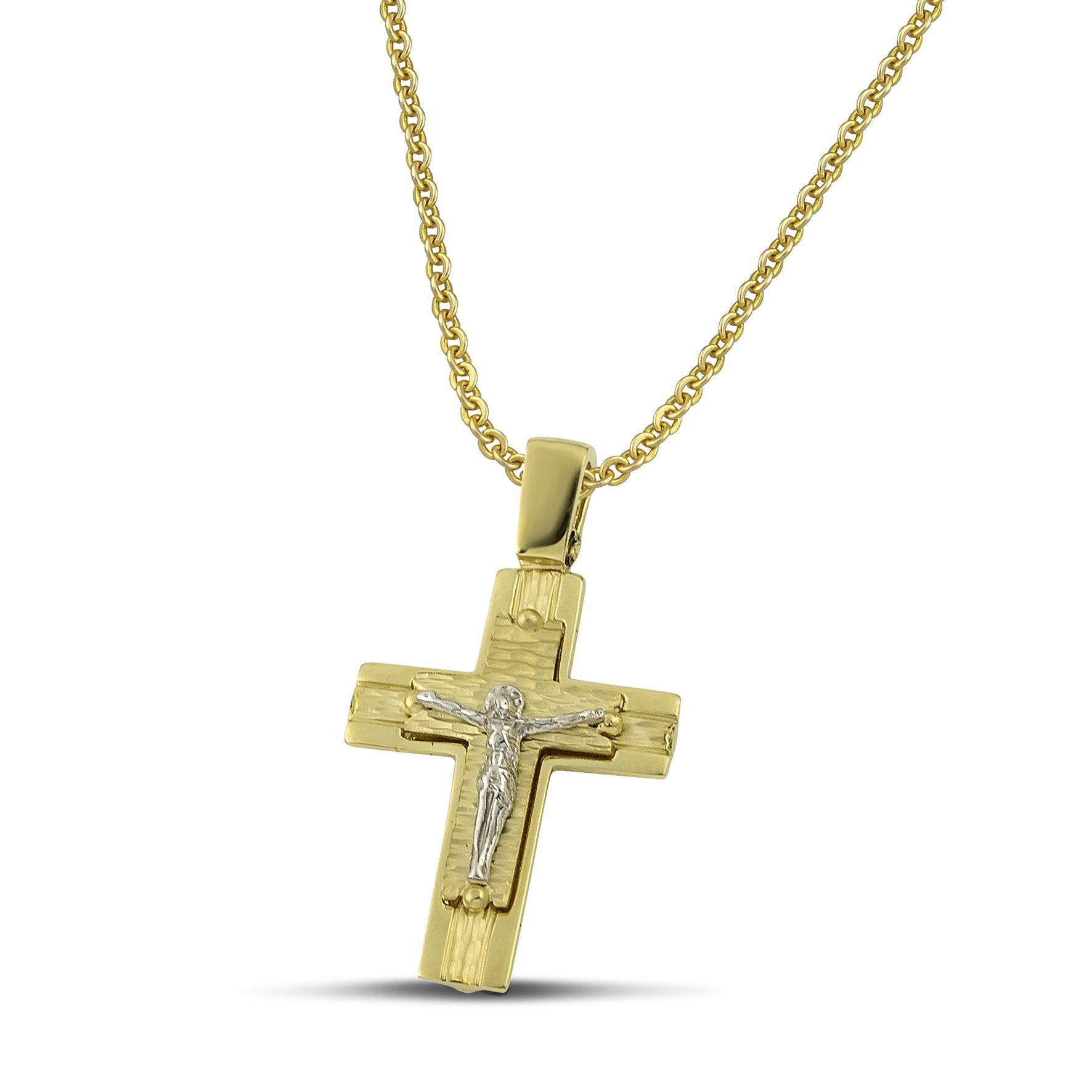 Ανδρικός βαπτιστικός σταυρός από χρυσό Κ14 διπλής όψης, φορεμένος σε λεπτή αλυσίδα.