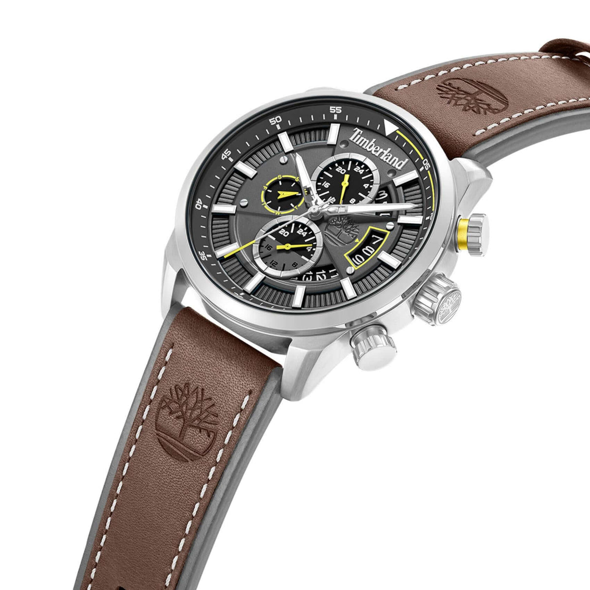 Πλάγια όψη του Timberland Calahan TDWGF0095402 με καφέ δερμάτινο λουράκι και κάσα 46 mm.
