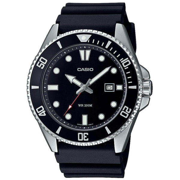 Καταδυτικό ρολόι CASIO MDV-107-1A1VEF με μαύρο λουράκι από καουτσούκ, μαύρο καντράν με φωσφορίζον δείκτες, περιστρεφόμενη στεφάνη σε μαύρο χρώμα και ένδειξη ημερομηνίας.