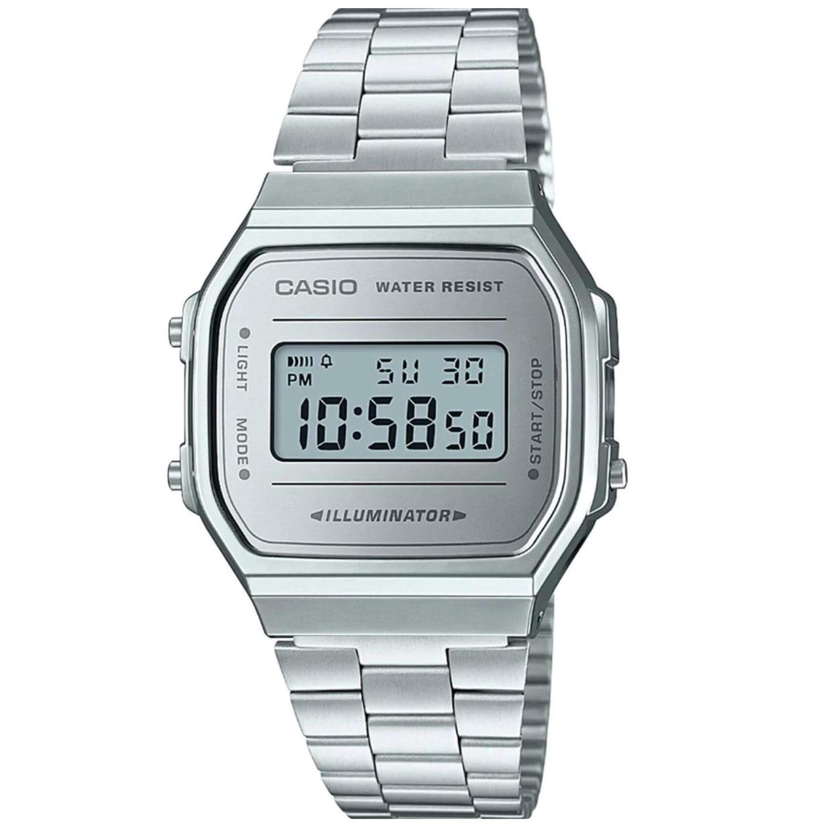 Ρολόι χρονογράφος Casio Vintage A-168WEM-7EF με ασημί ατσάλινο μπρασελέ, ασημί καντράν σε τετράγωνο σχημα με ψηφιακή ένδειξη και στεγανότητα 3ATM-30Μ.