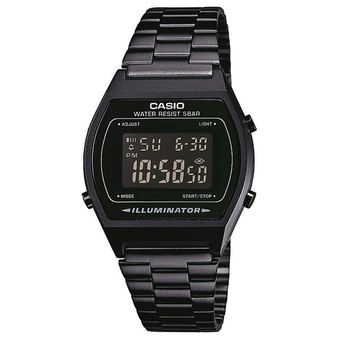 Ρολόι χρονογράφος Casio Vintage B640WB-1BEF με μαύρο ατσάλινο μπρασελέ, μαύρο καντράν σε τετράγωνο σχημα με ψηφιακή ένδειξη και στεγανότητα 5ATM-50Μ.