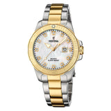Αδιάβροχο ρολόι Festina Boyfriend F20504/2 με δίχρωμο ασημί-χρυσό μπρασελέ, λευκό καντράν με ζιργκόν και ένδειξη ημερομηνίας και στεφάνι διαμέτρου 34.5mm.