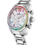 Ρολόι Festina Boyfriend Rainbow F20606/2 με ασημί μπρασελέ, λευκό καντράν με λειτουργία χρονογράφου πολύχρωμες πέτρες περιμετρικά στο στεφάνι.