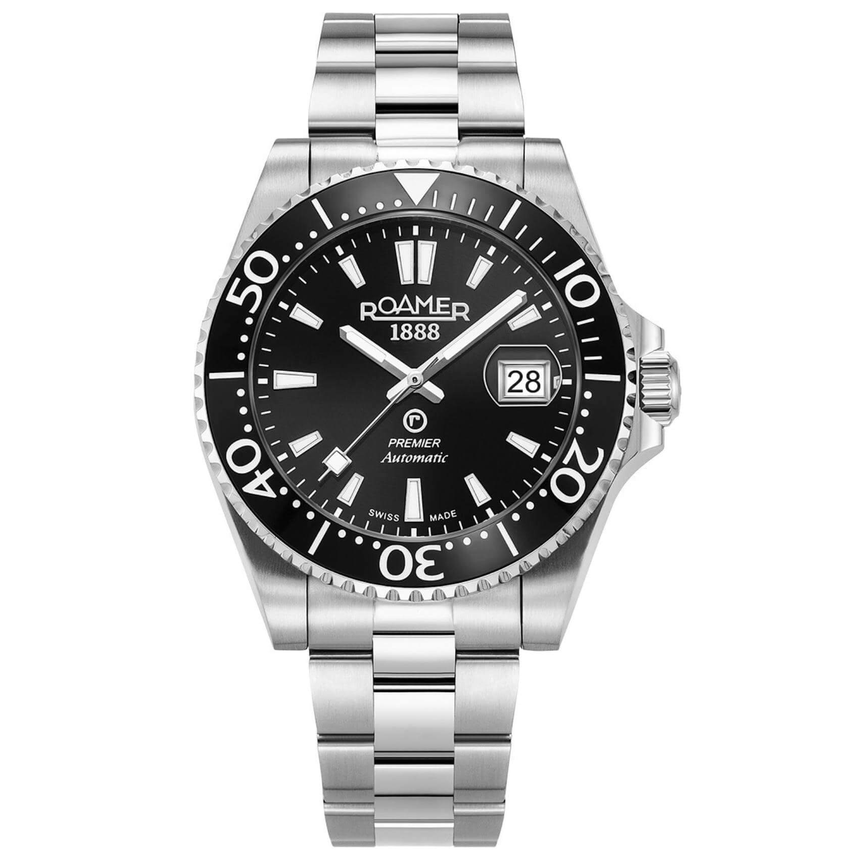 Αυτόματο ρολόι καταδυτικό Roamer Premier 986983-41-85-20 με ασημί μπρασελέ, μαύρο καντράν με ένδειξη ημερομηνίας και κάσα διαμέτρου 42mm.