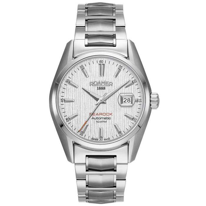 Αυτόματο ρολόι open back Roamer Searock Automatic II 210665-41-25-20 με ασημί μπρασελέ, λευκό καντράν με ένδειξη ημερομηνίας και κάσα διαμέτρου 42mm.
