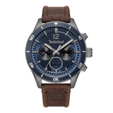 Ρολόι Timberland Ashmont TDWGF2230903 με καφέ δερμάτινο λουρί, μπλε καντράν και κάσα διαμέτρου 46mm με ένδειξη ημερομηνίας και χρονογράφους.