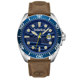 Ανδρικό ρολόι Timberland Carrigan TDWGB2230604 με καφέ δερμάτινο λουράκι και μπλε καντράν διαμέτρου 44mm με ένδειξη ημερομηνίας.