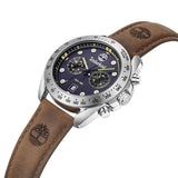 Ανδρικό ρολόι Timberland Carrigan TDWGF2230503 με καφέ δερμάτινο λουράκι και μπλε καντράν διαμέτρου 44mm με ένδειξη διπλής ώρας.