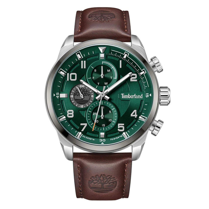 Ανδρικό ρολόι Timberland Henniker II TDWGF2201101 dual time με καφέ δερμάτινο λουράκι και πράσινο καντράν διαμέτρου 46mm.