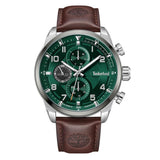 Ρολόι Timberland Henniker TDWGF2201101 με καφέ δερμάτινο λουρί, πράσινο καντράν και κάσα διαμέτρου 46mm με ένδειξη ημέρας και χρονογράφους.