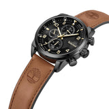 Ανδρικό ρολόι Timberland Henniker II TDWGF2201102 dual time με καφέ δερμάτινο λουράκι και μαύρο καντράν διαμέτρου 46mm.