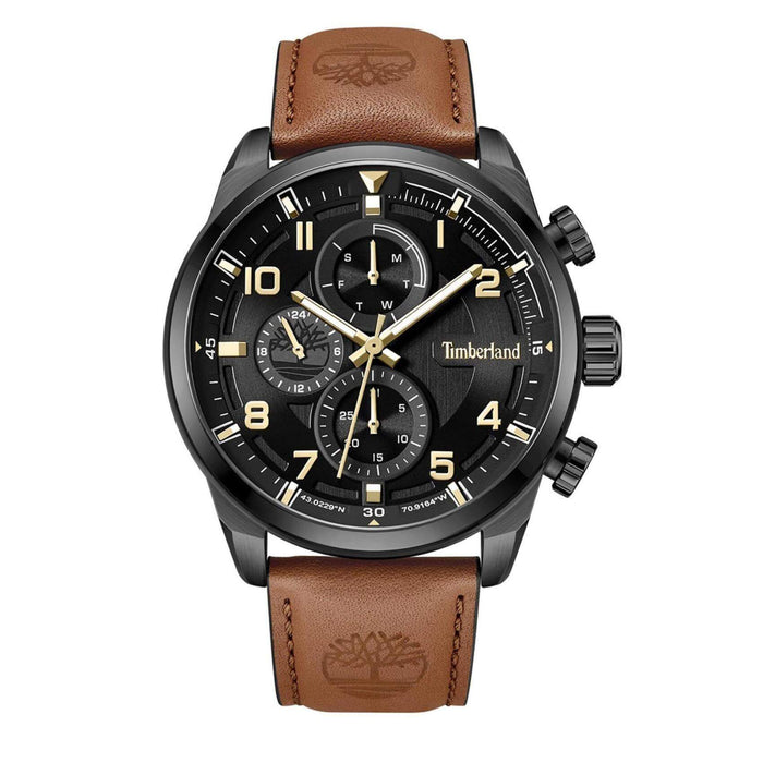 Ανδρικό ρολόι Timberland Henniker II TDWGF2201102 dual time με καφέ δερμάτινο λουράκι και μαύρο καντράν διαμέτρου 46mm.