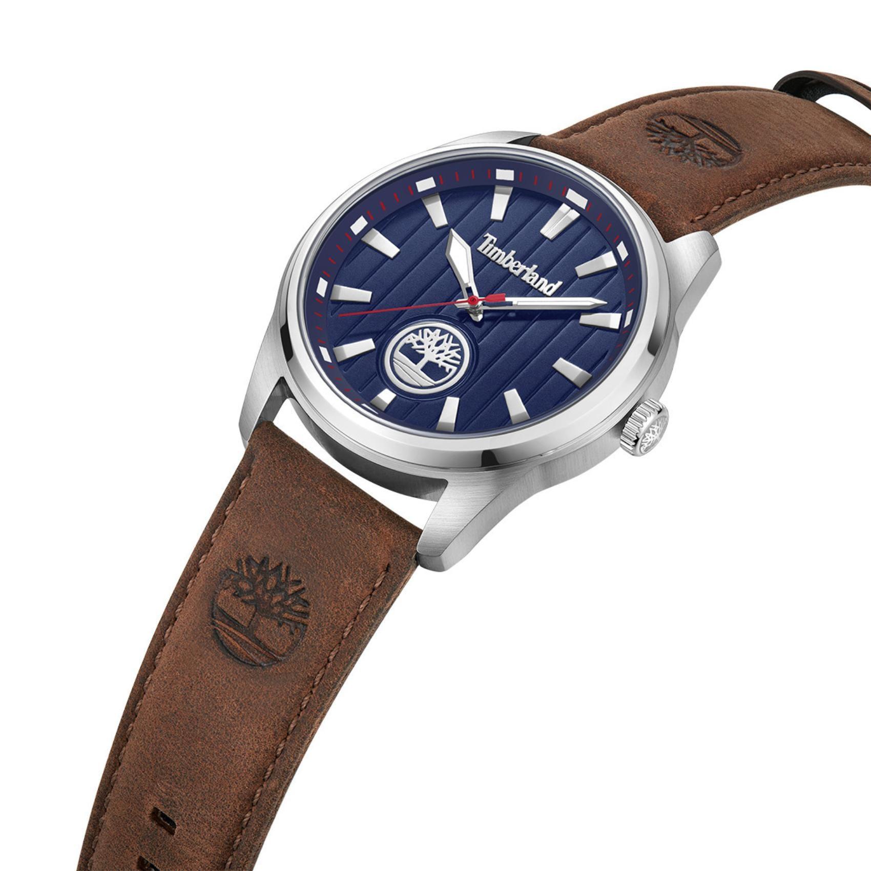 Ρολόι Timberland Northbridge TDWGA0010203 με καφέ δερμάτινο λουρί, μπλε καντράν και κάσα διαμέτρου 45mm.
