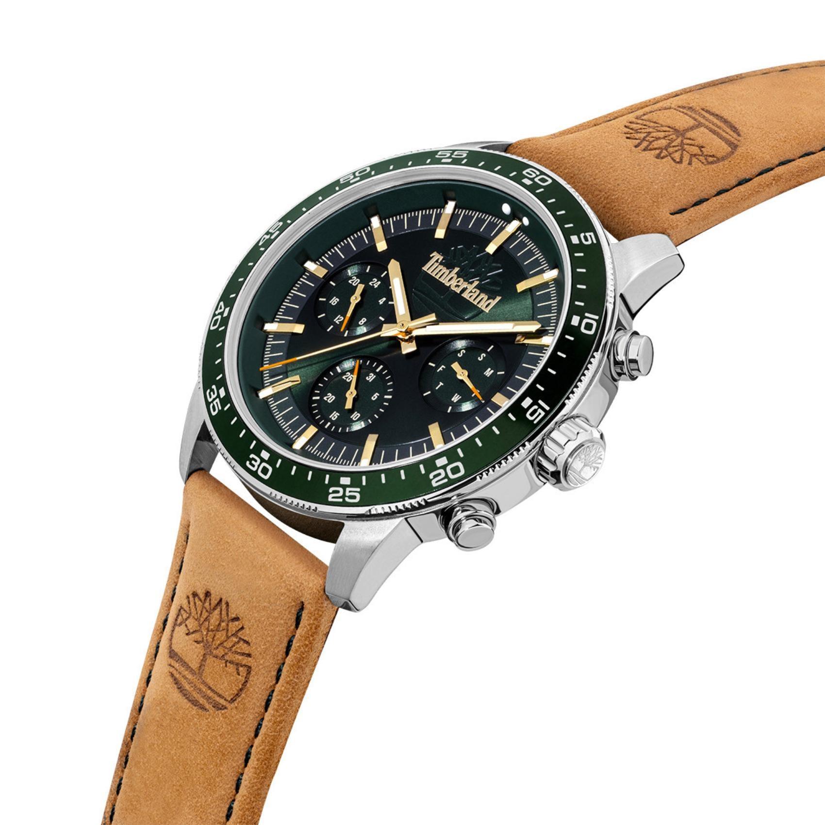 Ρολόι Timberland Parkman TDWGF0029001 με ταμπά δερμάτινο λουρί, πράσινο καντράν με ένδειξη ημερομηνίας και ημέρας και κάσα διαμέτρου 44mm.