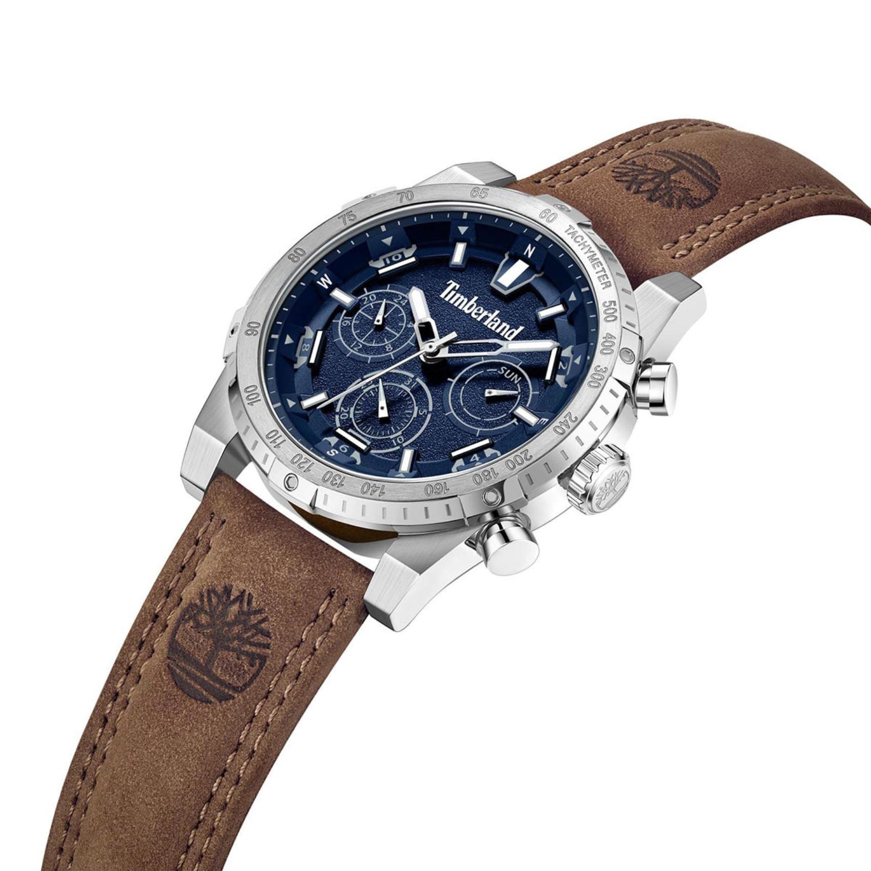 Ρολόι Timberland Sherbrook TDWGF2230402 με καφέ δερμάτινο λουρί, μπλε καντράν και κάσα διαμέτρου 45mm με ένδειξη ημερομηνίας και χρονογράφους.