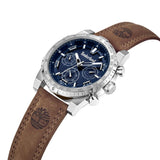 Ρολόι Timberland Sherbrook TDWGF2230402 με καφέ δερμάτινο λουρί, μπλε καντράν και κάσα διαμέτρου 45mm με ένδειξη ημερομηνίας και χρονογράφους.