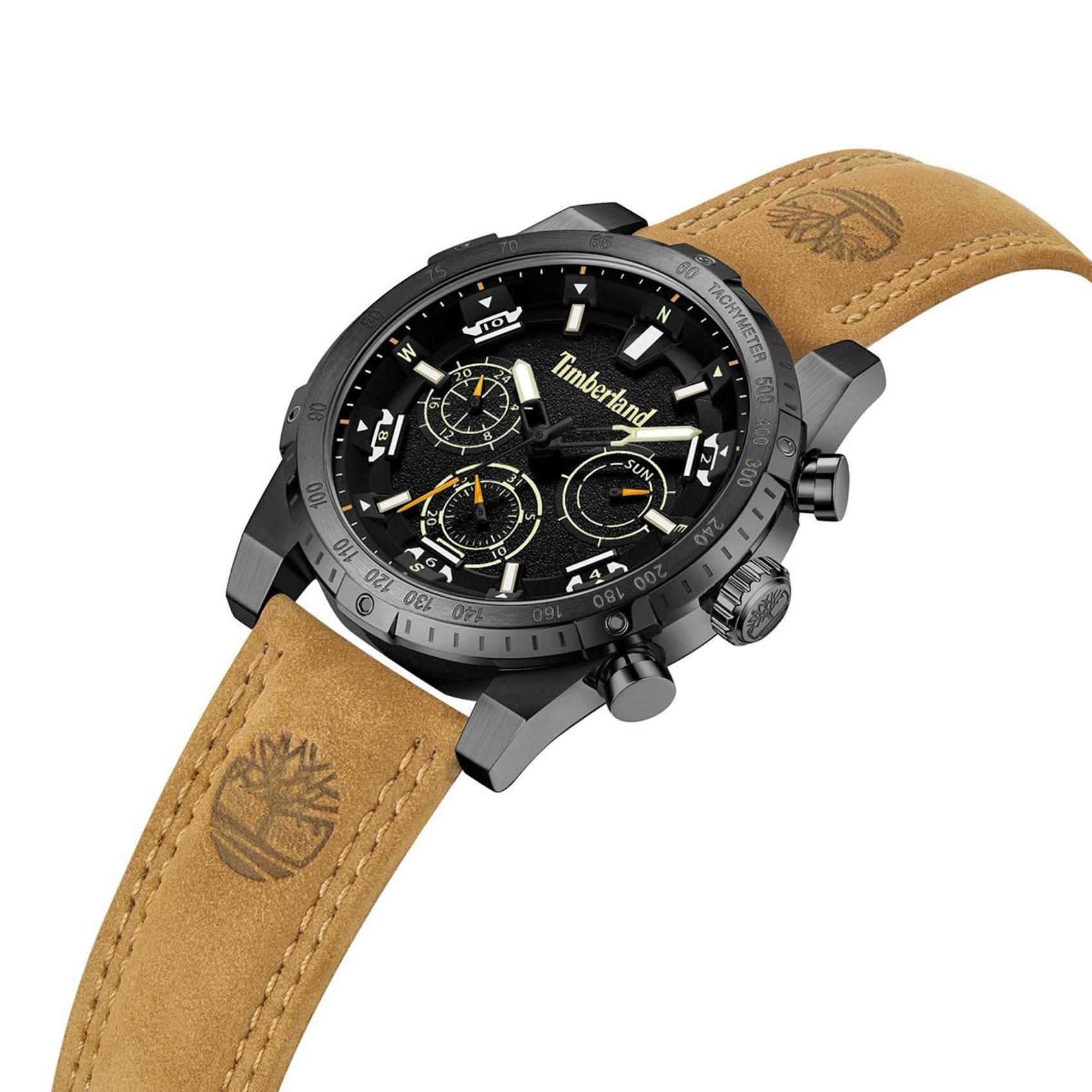 Ρολόι Timberland Sherbrook TDWGF2230403 με ταμπά δερμάτινο λουρί, μαύρο καντράν και κάσα διαμέτρου 45mm με ένδειξη ημερομηνίας και χρονογράφους.