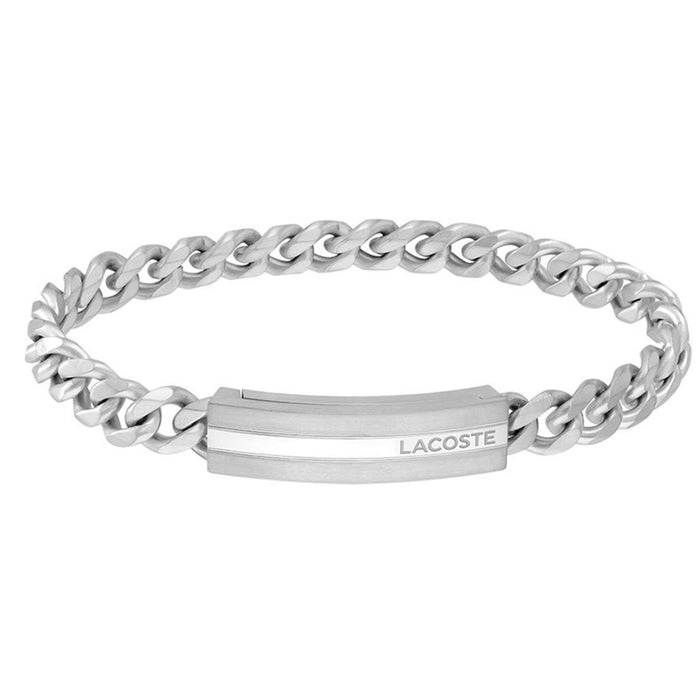 Ανδρική αλυσίδα χεριού Lacoste 2040091 από ανοξείδωτο ατσάλι σε ασημί χρώμα με λευκές λεπτομέρειες, με μέγιστο μήκος 19cm, σε φωτογραφία που αναδεικνύει τη στιβαρή κατασκευή και το κομψό φινίρισμα.