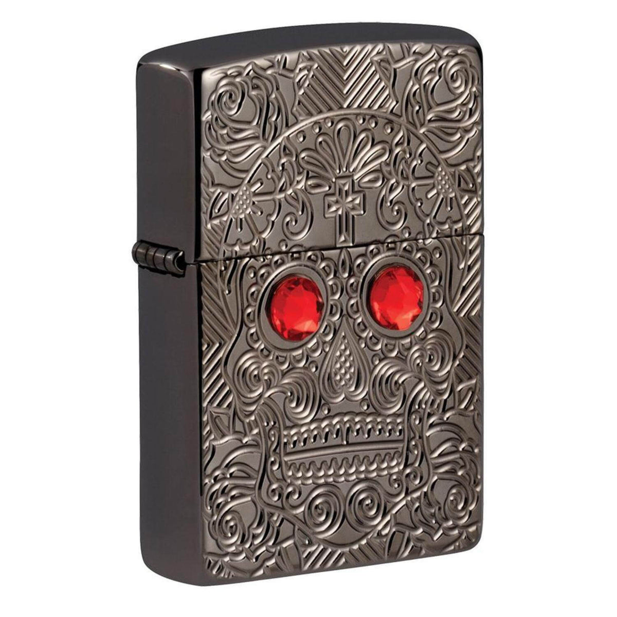 Αντιανεμικός αναπτήρας Zippo Crystal Skull 49300 σε γκρι σκούρο χρώμα με σχέδιο νεκροκεφαλής με κόκκινα ζιργκόν και δυνατότητα χαράγματος για ένα προσωποποιημένο δώρο.