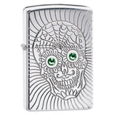 Αναπτήρας Zippo Armor Sugar Skull Design 49172 με βαθιά χάραξη smiling sugar skull, σε Armor High Polish Chrome φινίρισμα που αναδεικνύει τη λάμψη και τη λεπτομέρεια του σχεδίου εμπνευσμένου από Dia De Los Muertos και Calaveras.