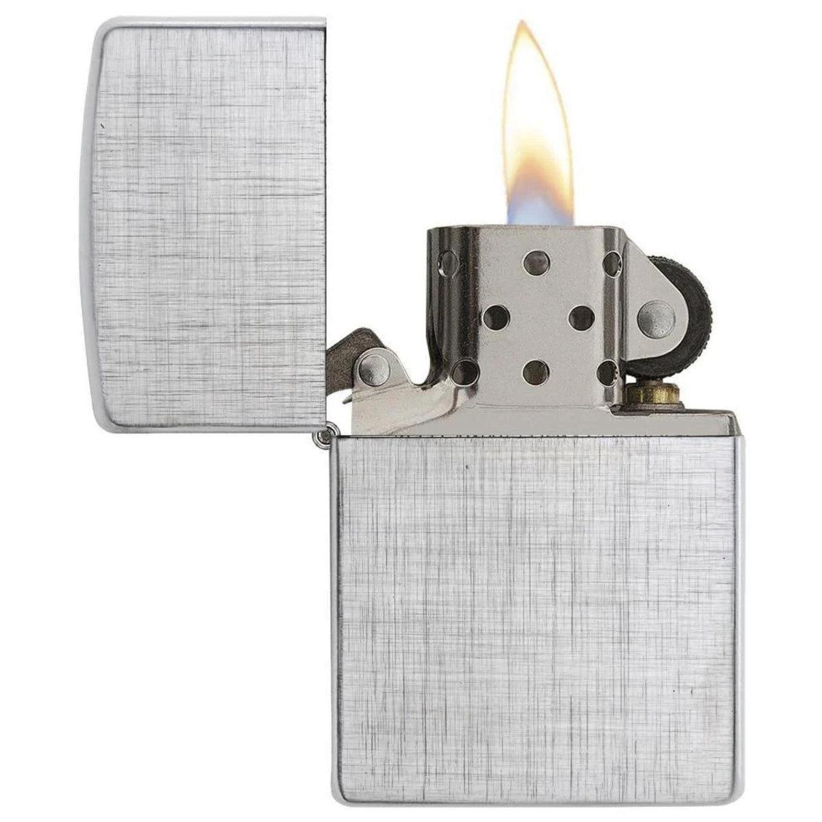 Ανοιχτός αναπτήρας Zippo Classic Linen Weave 28181 με αναμμένη φλόγα