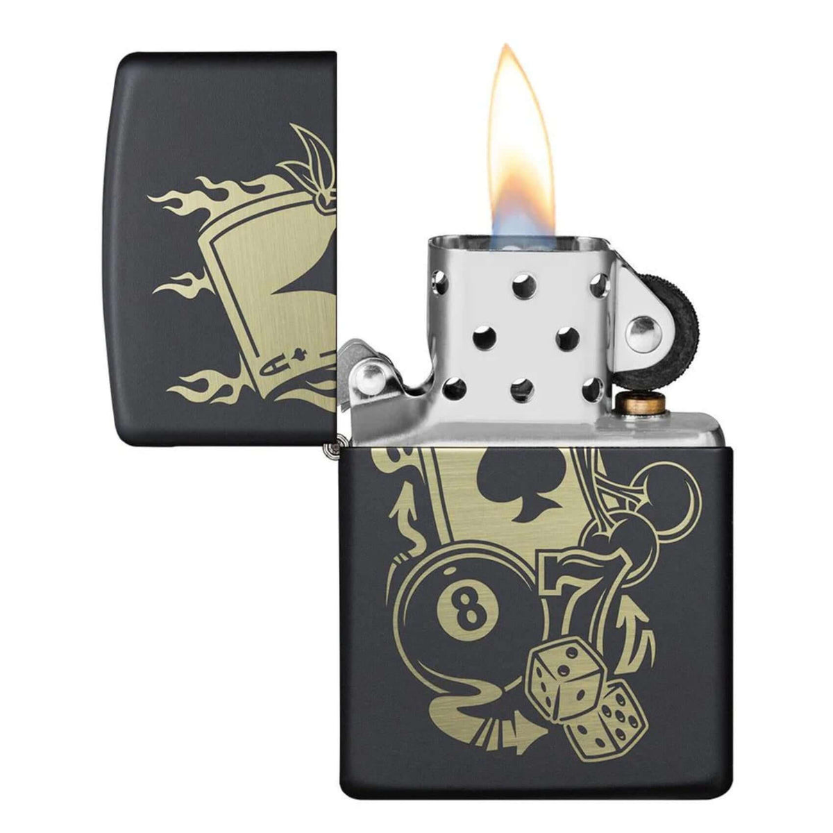 Ανοιχτός αναπτήρας Zippo Gambling Design 49257 με φινίρισμα Black Matte και χαραγμένο casino σχέδιο.