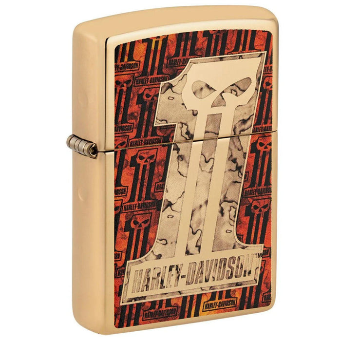 Αναπτήρας Zippo Harley-Davidson 48361 σε χρυσή απόχρωση με το iconic skull logo στο μπροστινό μέρος, σε φωτογραφία που αναδεικνύει το γυαλιστερό φινίρισμα και τη μεταλλική κατασκευή.
