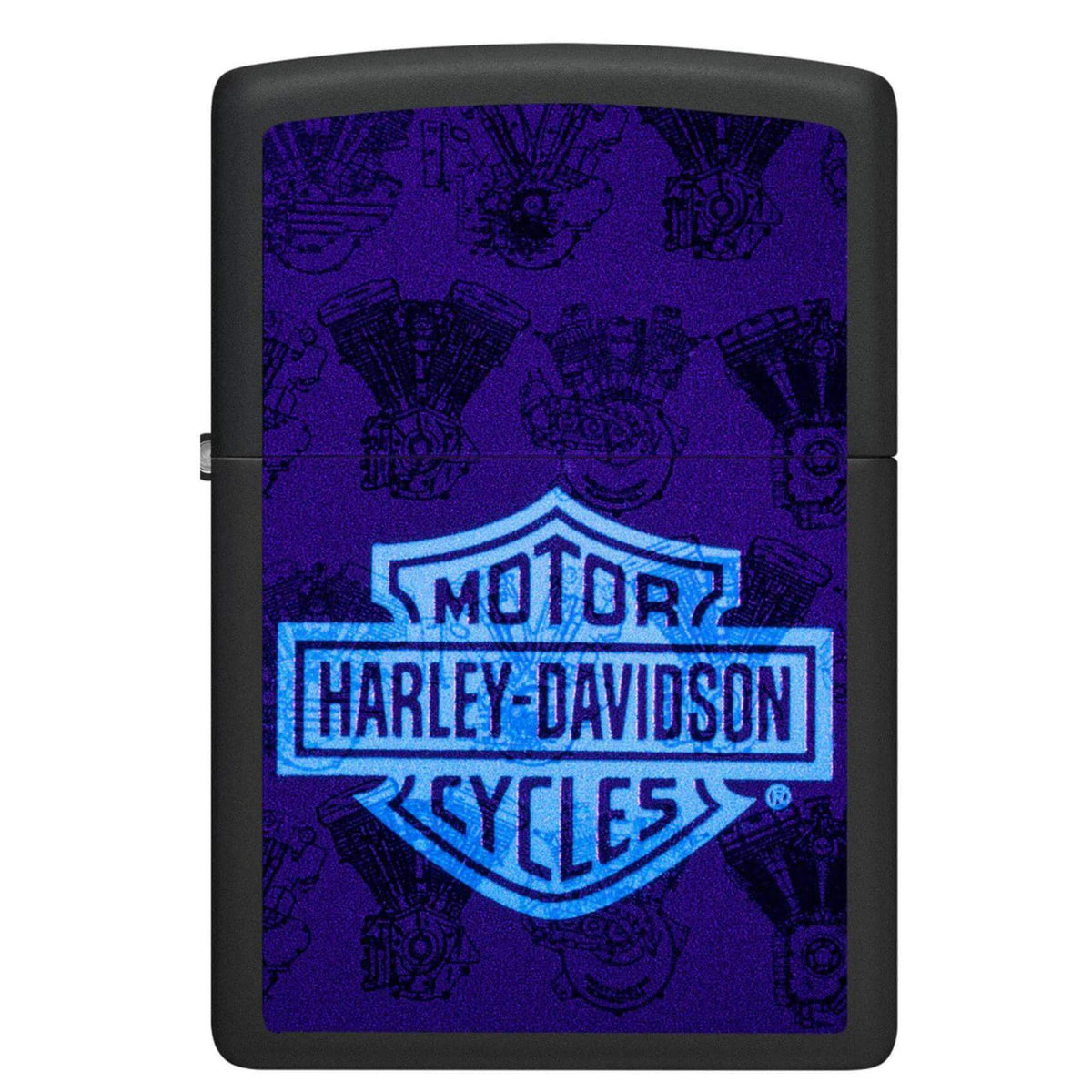 Αναπτήρας Zippo Harley-Davidson 48600 κάτω από υπεριώδες φως, όπου αποκαλύπτεται το κρυφό iconic λογότυπο Harley-Davidson μέσω του Black Light εφέ.