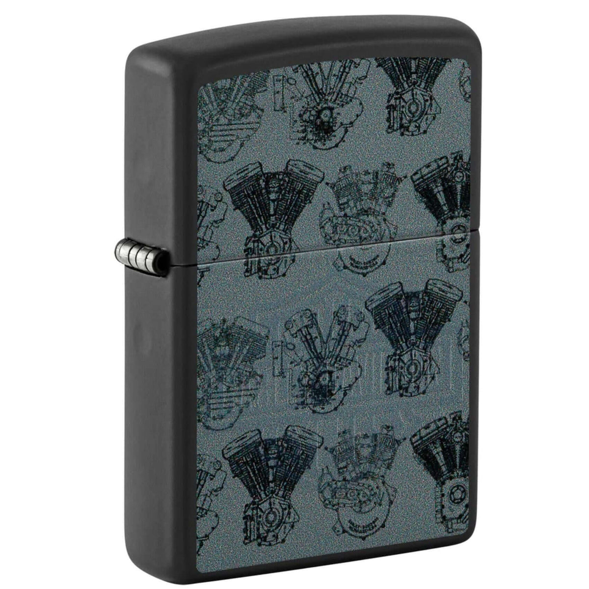 Αναπτήρας Zippo Harley-Davidson 48600 Black Matte με σχέδιο-αφιέρωμα στην εξέλιξη των κινητήρων, σε φωτογραφία που αναδεικνύει τις λεπτομέρειες του γραφικού και το ματ μαύρο φινίρισμα.