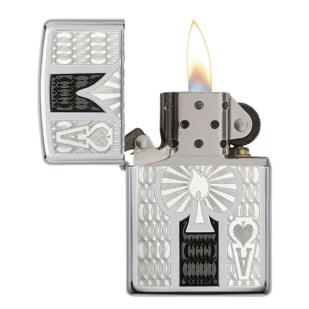 Ανοιχτός αναπτήρας Zippo Intricate Spade Design 24196 με φινίρισμα High Polish Chrome και διακοσμητικό σχέδιο άσσου.