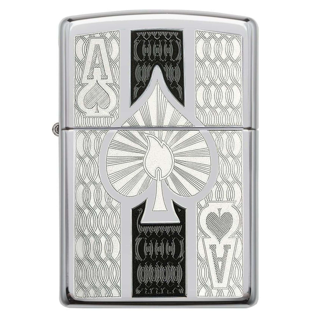 Αναπτήρας Zippo Intricate Spade Design 24196 αντιανεμικός με φινίρισμα High Polish Chrome και ιδιαίτερο σχέδιο άσσου.