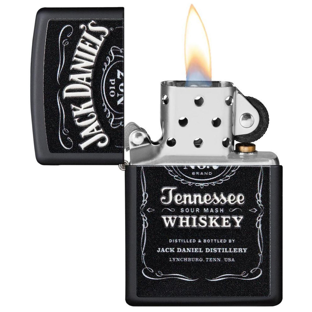 Ανοιχτός αναπτήρας Zippo Jack Daniel's 49281 με αναμμένη φλόγα