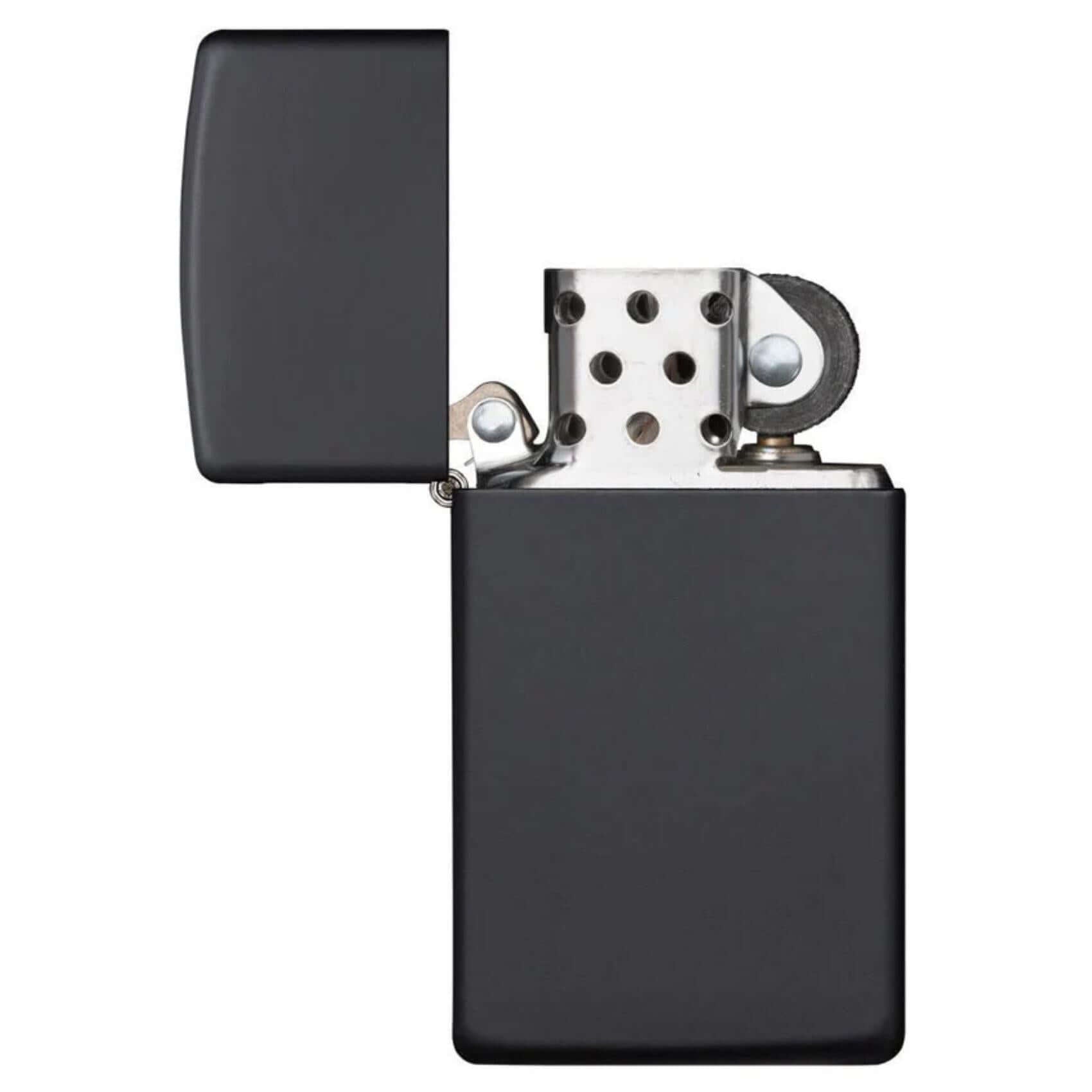 Ανοιχτός αναπτήρας Zippo Slim Black Matte 34595 με λεπτή μεταλλική κατασκευή και μαύρο ματ φινίρισμα.