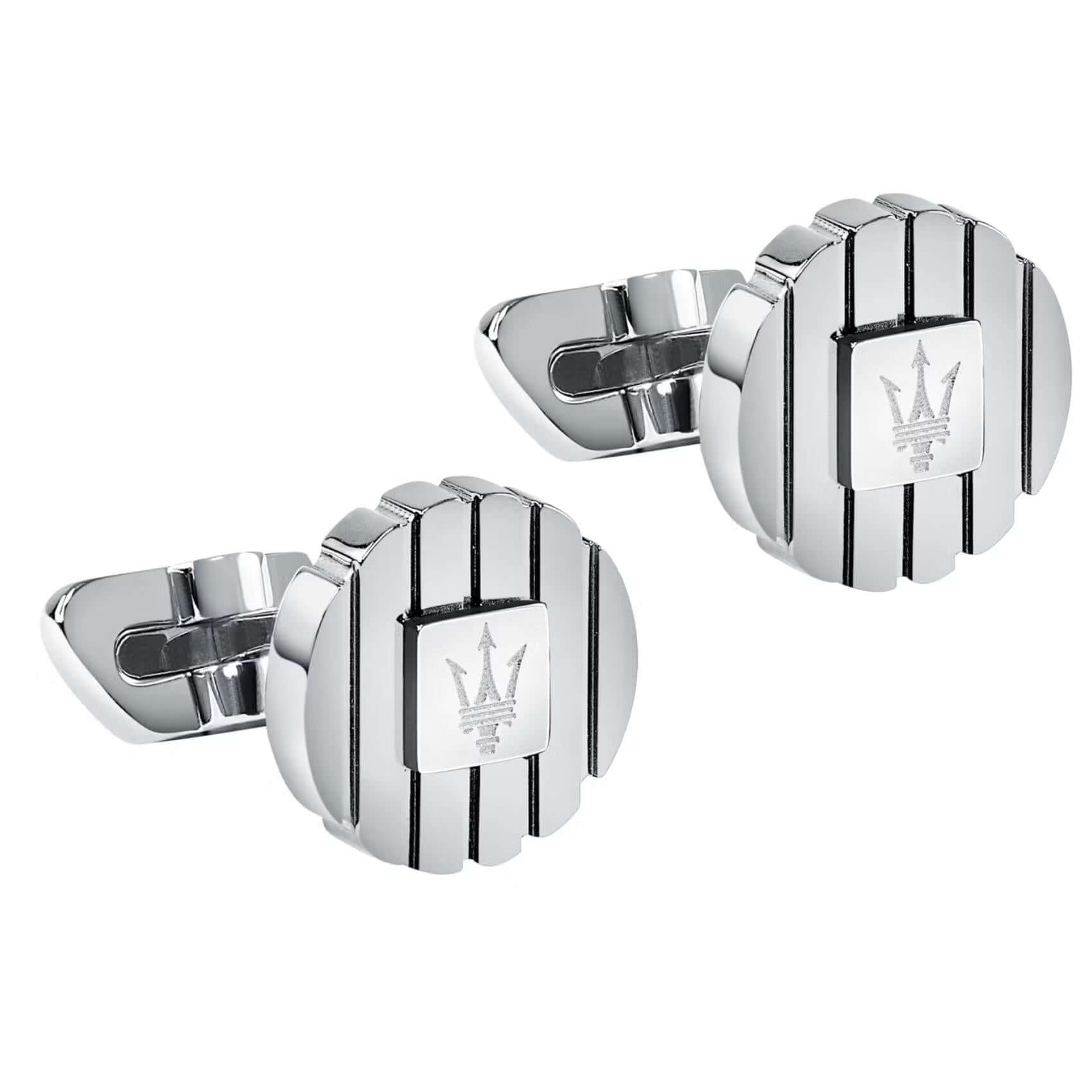 Ανδρικά στρογγυλά μανικετόκουμπα Maserati Ιconic JM5249JD01 σε ασημί χρώμα από ανοξείδωτο ατσάλι με ασημένια τρίαινα.