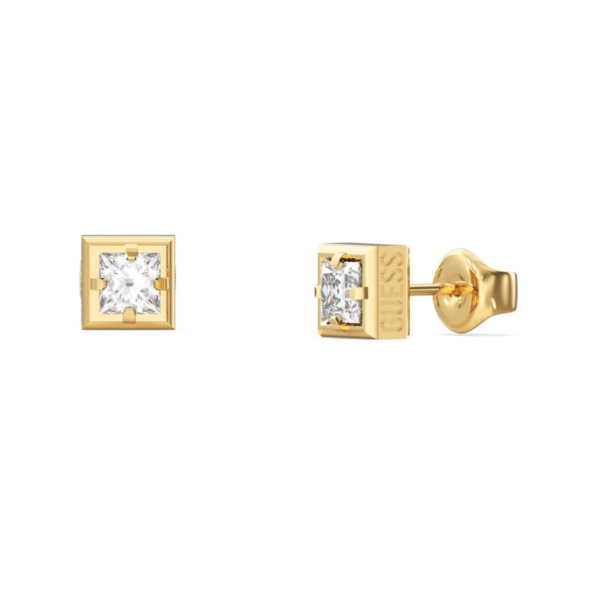 Ανδρικά σκουλαρίκια Guess Barrio JUME06075JWYGT/U χρυσά με τετράγωνη λευκή πέτρα και λογότυπο Guess