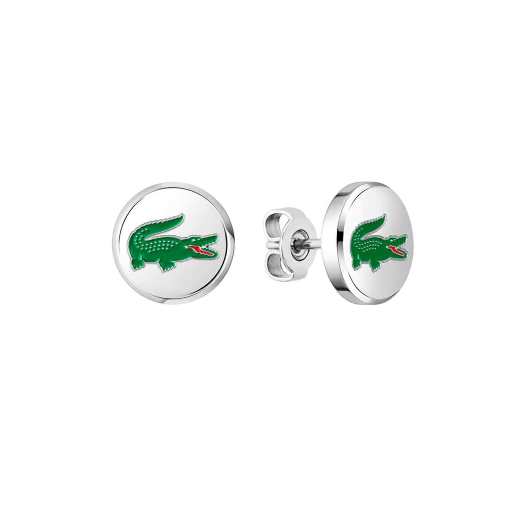 Ανδρικά ατσάλινα ασημί σκουλαρίκια Lacoste 2040497 μπροστινή όψη με το λογότυπο του κροκοδείλου.
