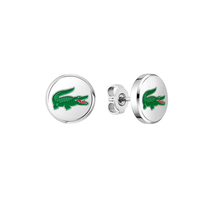 Ανδρικά ατσάλινα ασημί σκουλαρίκια Lacoste 2040497 μπροστινή όψη με το λογότυπο του κροκοδείλου.