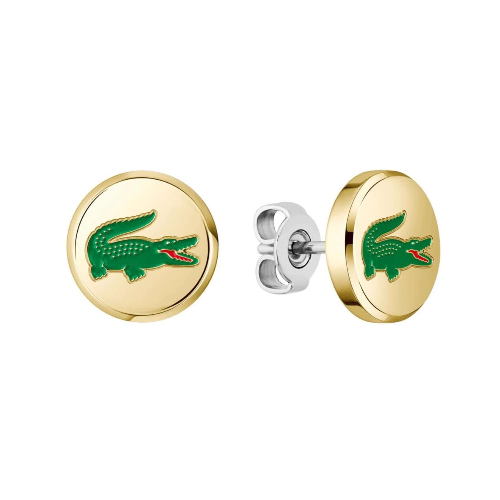 Ανδρικά ατσάλινα χρυσά σκουλαρίκια Lacoste 2040498 με το λογότυπο του κροκοδείλου.