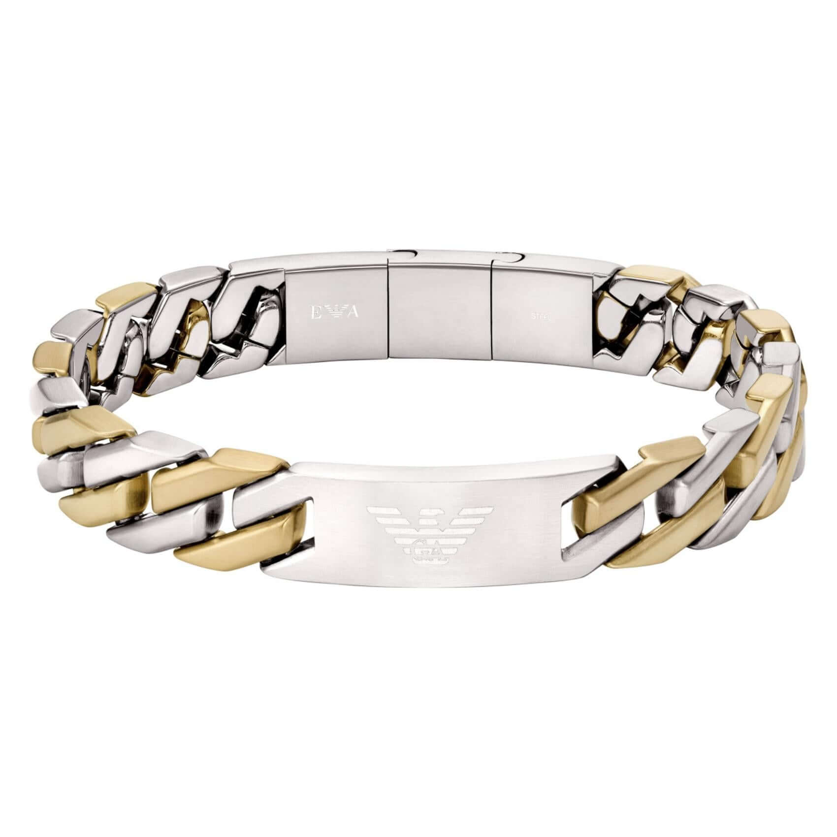 Ανδρική χειροπέδα Emporio Armani Eagle Logo EGS3314040 από ανοξείδωτο ατσάλι σε ασημί-χρυσό χρώμα.