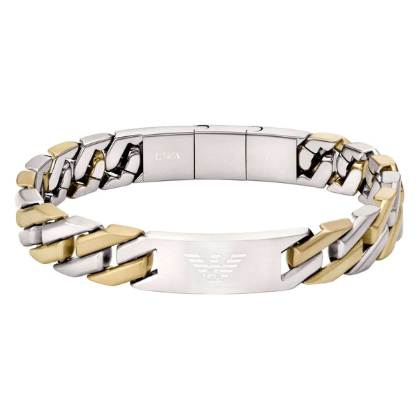 Ανδρική χειροπέδα Emporio Armani Eagle Logo EGS3314040 από ανοξείδωτο ατσάλι σε ασημί-χρυσό χρώμα.