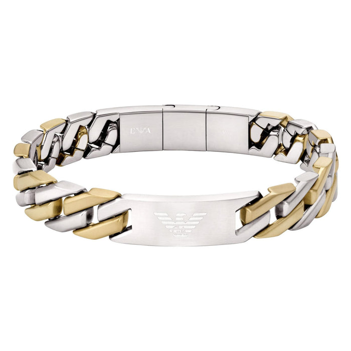 Ανδρική χειροπέδα Emporio Armani Eagle Logo EGS3314040 από ανοξείδωτο ατσάλι σε ασημί-χρυσό χρώμα.