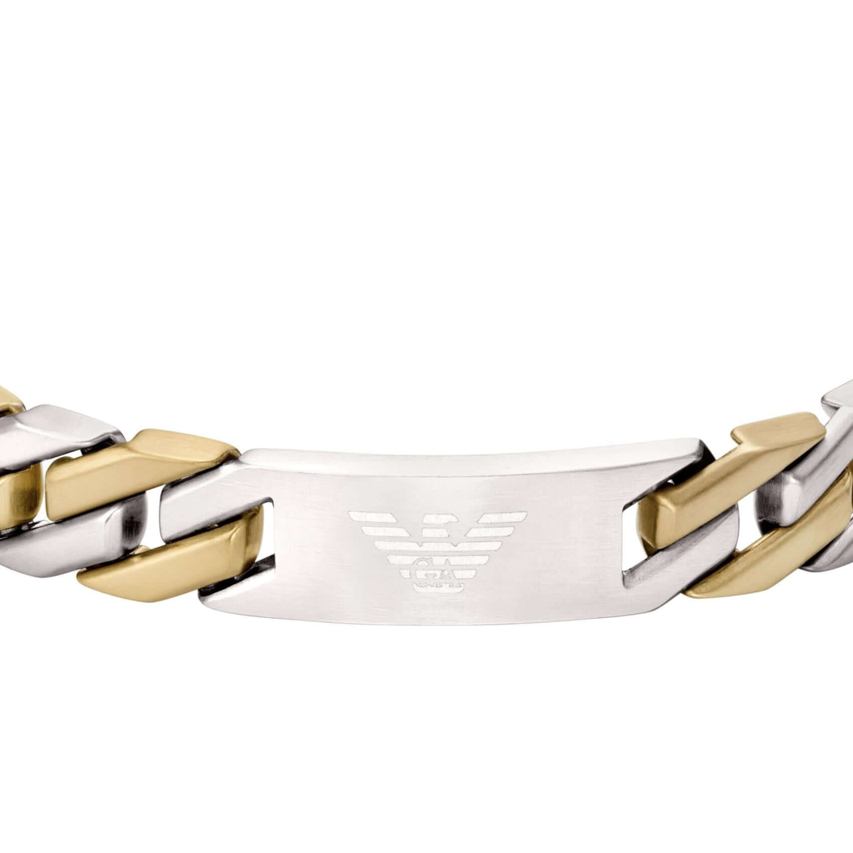 Λεπτομέρεια από την ανδρική χειροπέδα Emporio Armani Eagle Logo EGS3314040 από ασημί-χρυσό ανοξείδωτο ατσάλι.