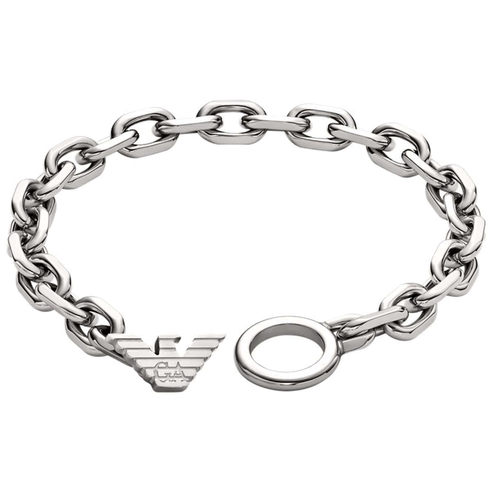 Ανδρικό βραχιόλι Emporio Armani EGS3236040 από ανοξείδωτο ατσάλι ασημί με σχέδιο μπρασελέ και στρογγυλό κούμπωμα.
