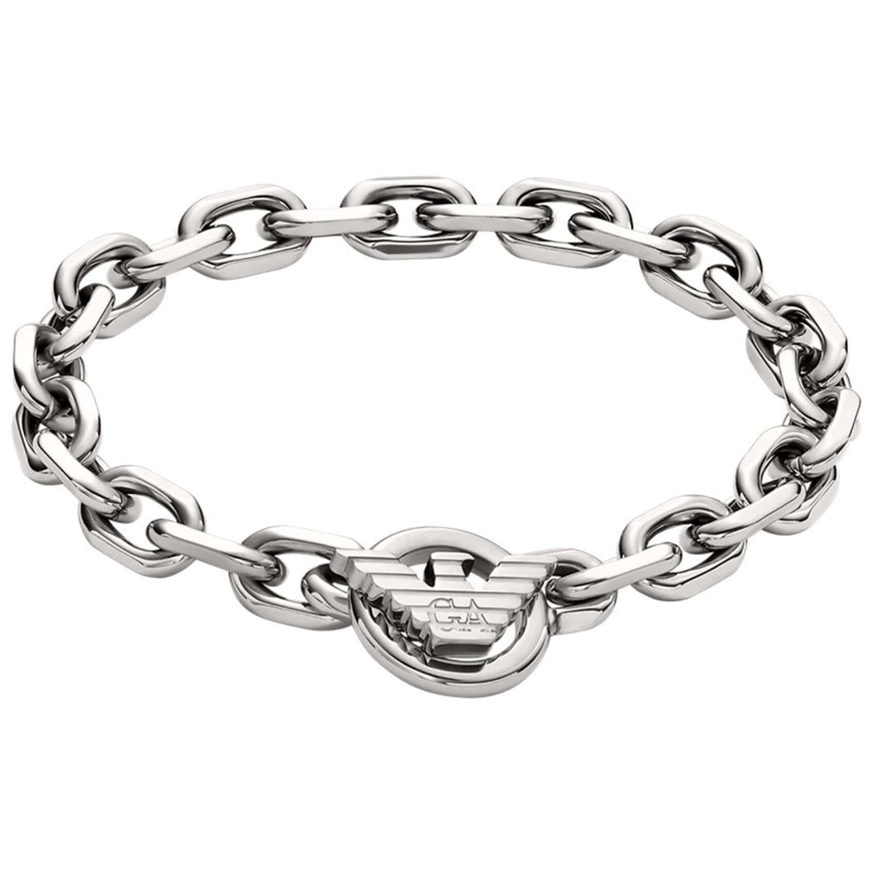 Ανδρικό βραχιόλι Emporio Armani EGS3236040 από ανοξείδωτο ατσάλι ασημί με σχέδιο μπρασελέ κρίκο-κρίκο και στρογγυλό κούμπωμα.