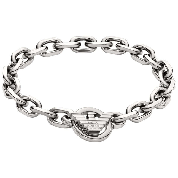 Ανδρικό βραχιόλι Emporio Armani EGS3236040 από ανοξείδωτο ατσάλι ασημί με σχέδιο μπρασελέ κρίκο-κρίκο και στρογγυλό κούμπωμα.