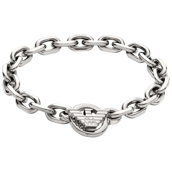 Ανδρικό βραχιόλι Emporio Armani EGS3236040 από ανοξείδωτο ατσάλι ασημί με σχέδιο μπρασελέ κρίκο-κρίκο και στρογγυλό κούμπωμα.